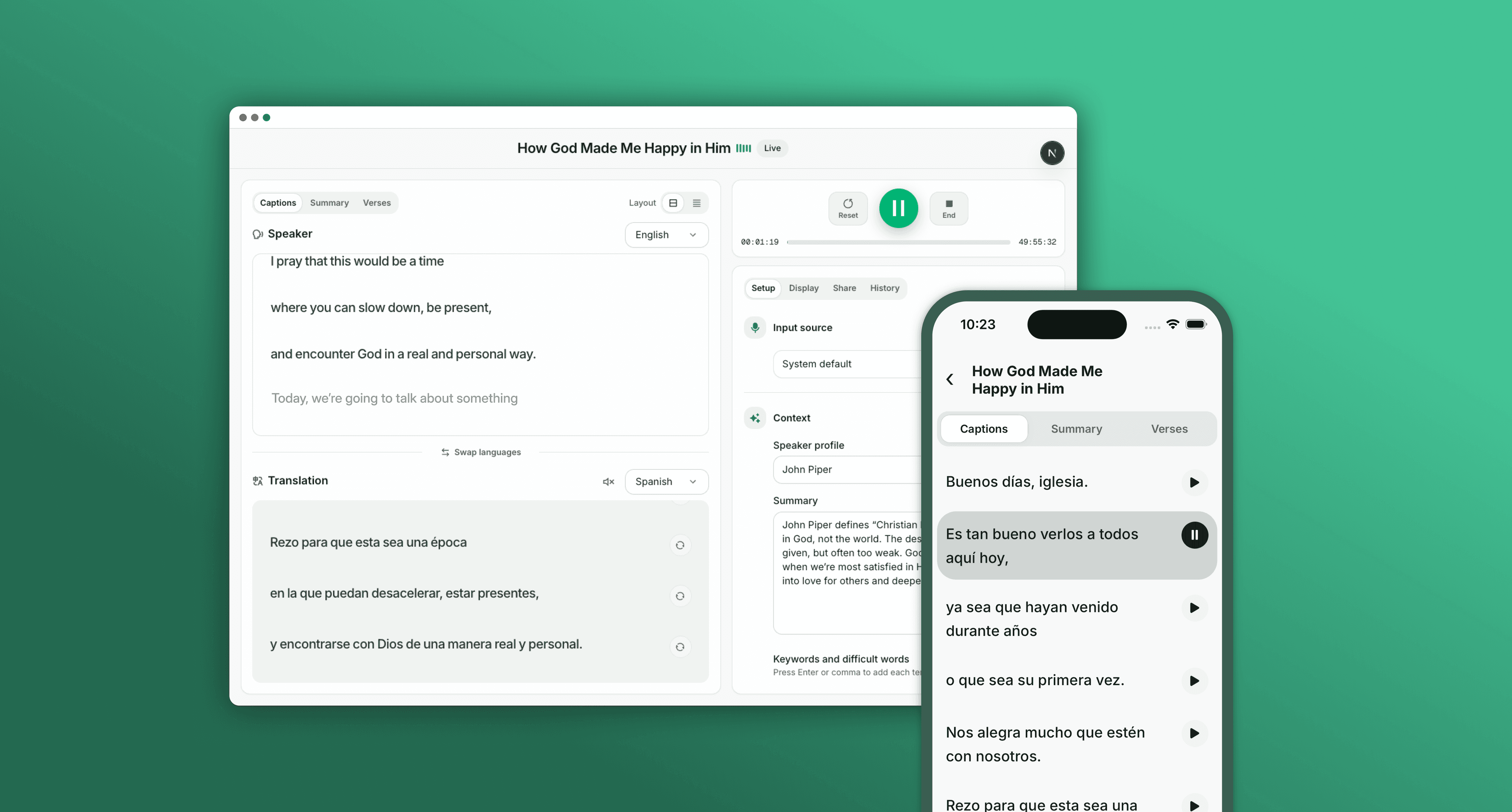 Realtime captions and operator dashboard placeholder
