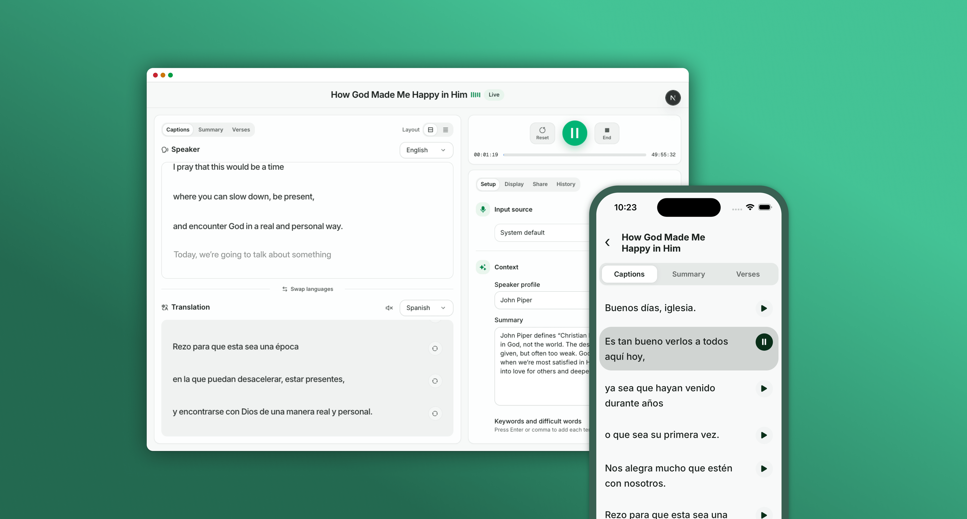 Realtime captions and operator dashboard placeholder